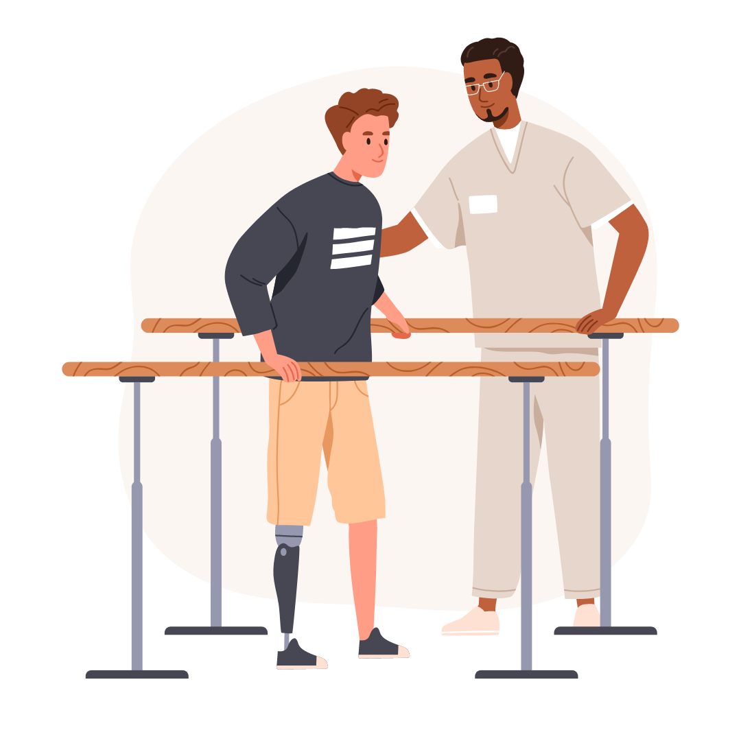 Therapeut unterstützt Patienten beim gehtraining am Parallelbarren