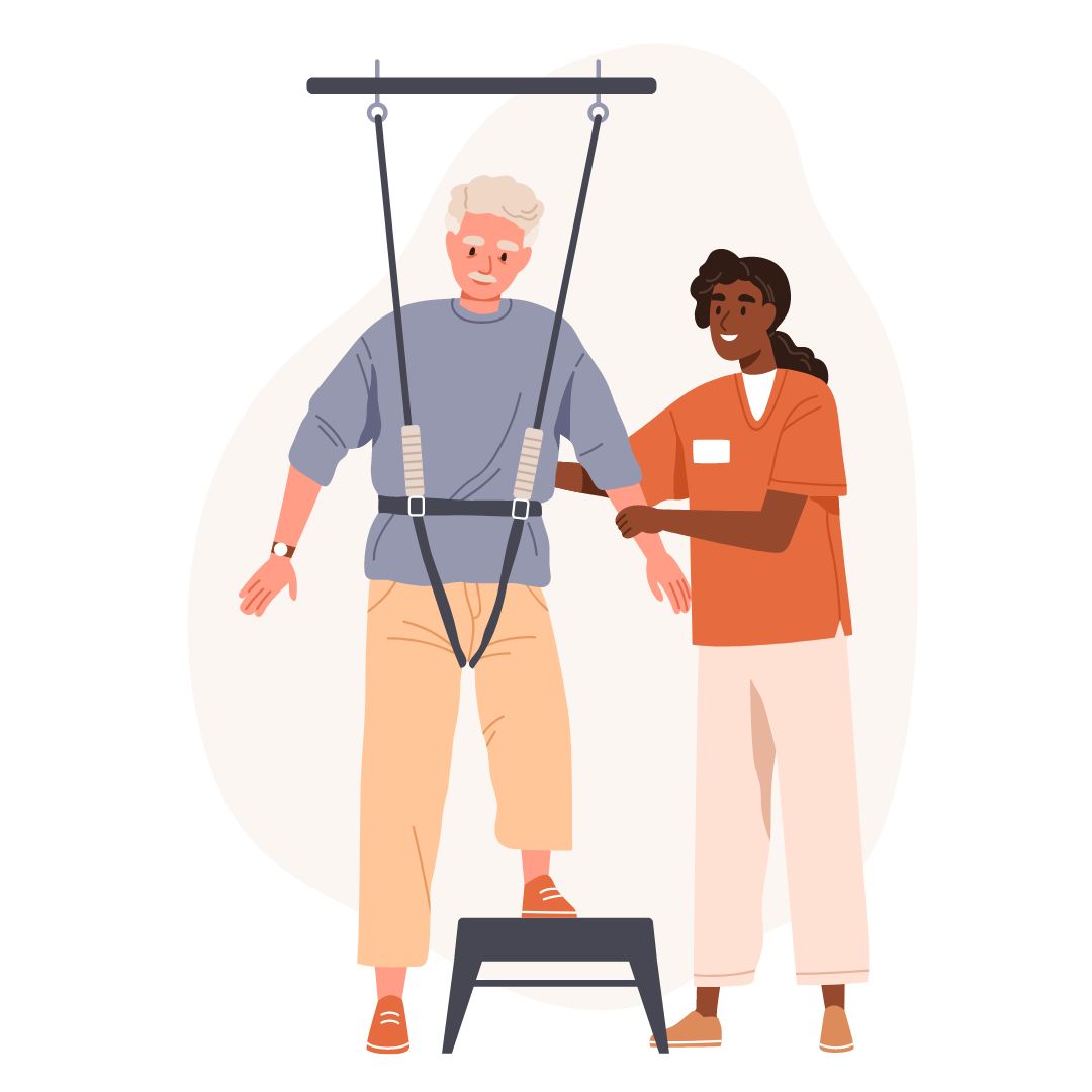 Therapeutin unterstützt Patienten beim Gangtraining mit Gurtstütze